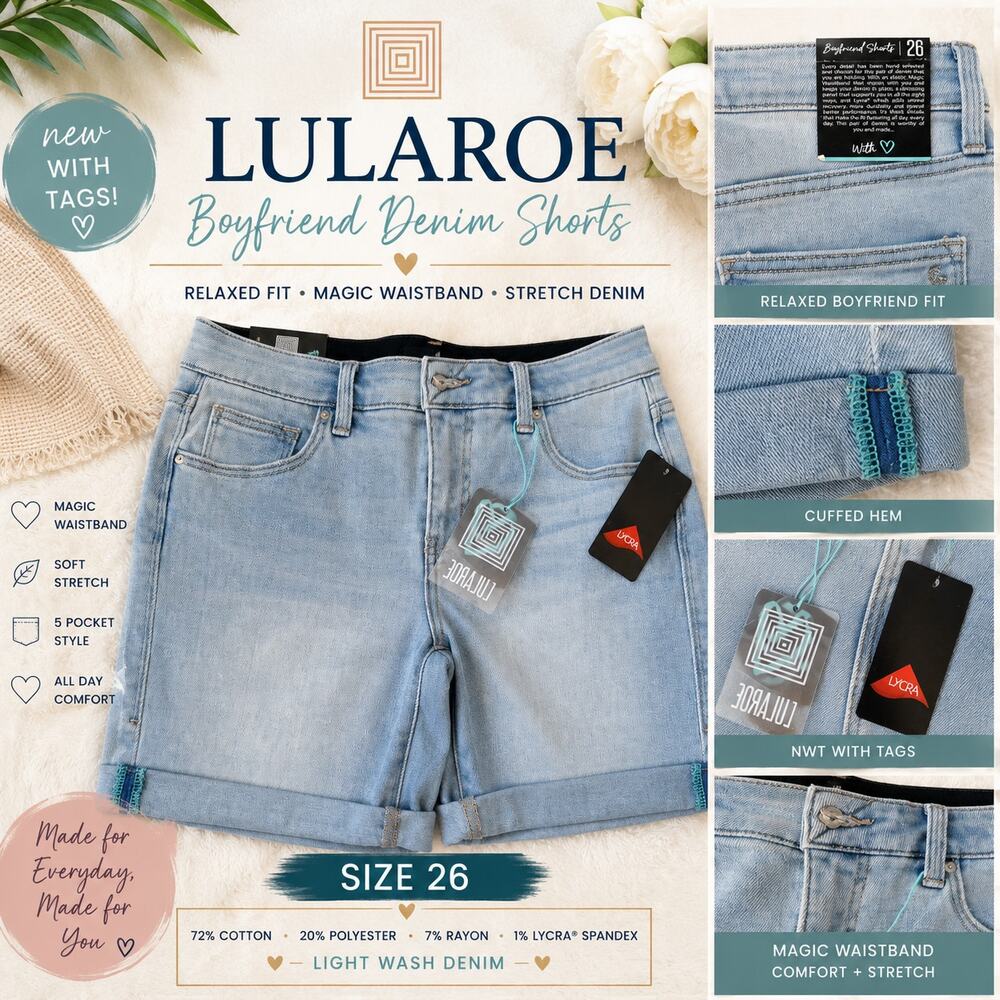 LuLaRoe Boyfriend Denim Shorts Size 26 Light Wash Cuffed NWT
